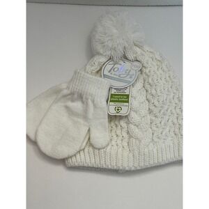 NWTToby & Me Todler Winter Hat & Mittens‎ Set White Knit Pom Pom New